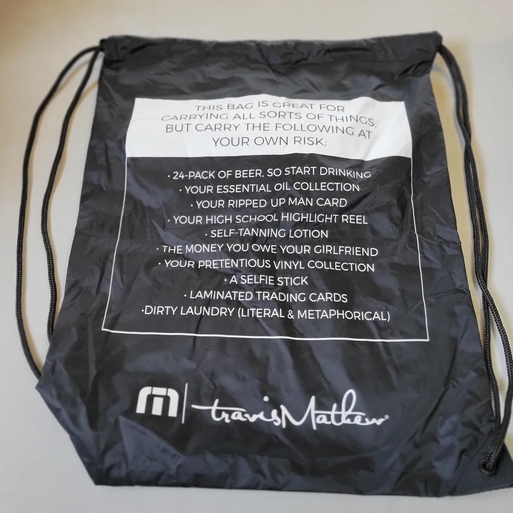 Travis Mathew Drawstring Golf Cinch Bag Zippered Lined Pocket Black 14x18‎